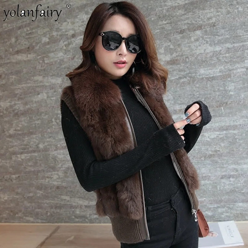 Coat Real Fur Female Vest Winter Jacket Women Fox Fur Collar Korean Fluffy Natural Rabbit Fur Sleeveless Jacket