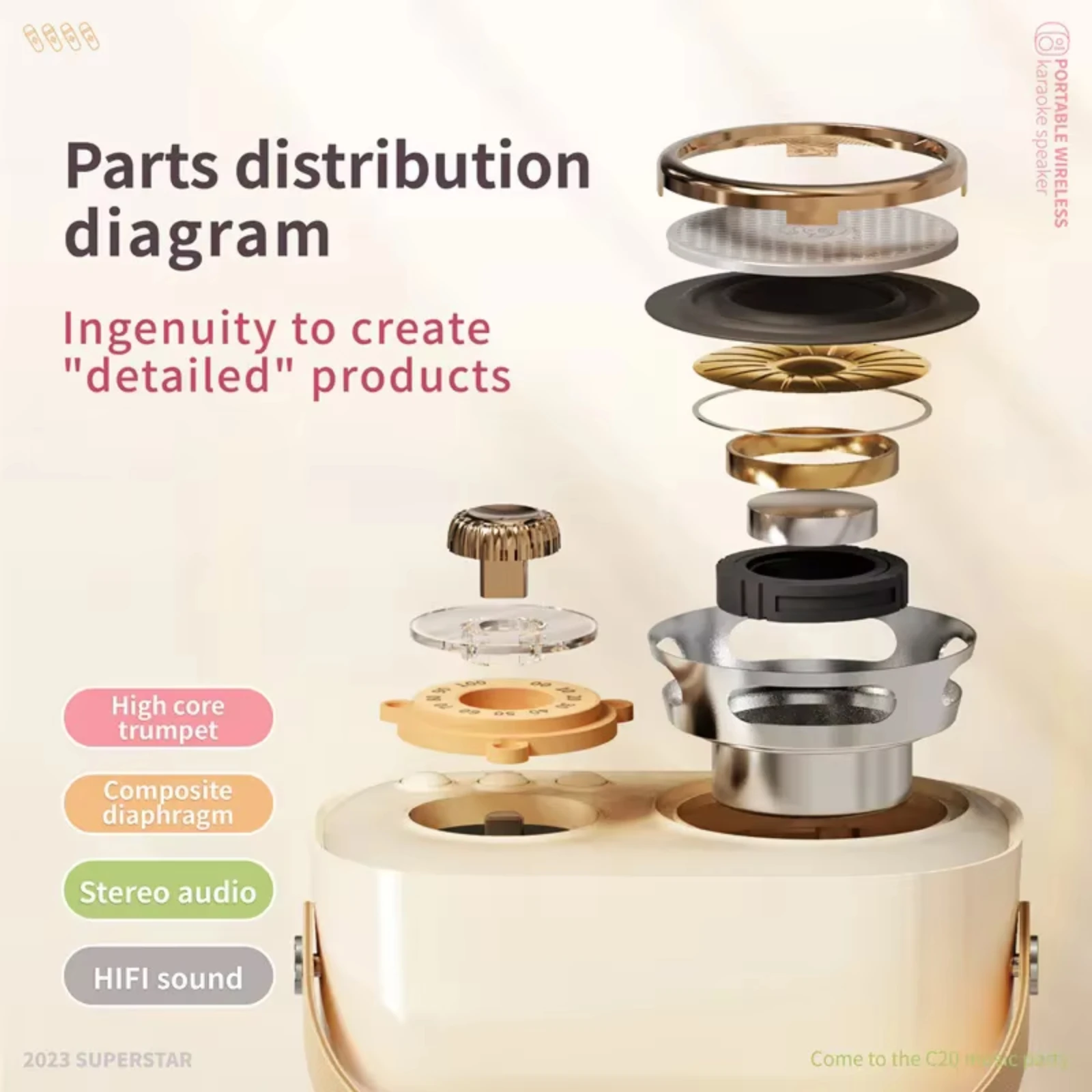 Speaker Bluetooth Karaoke Retro Model C20 Plus portabel dengan 2 mikrofon nirkabel speaker 52mm 4Ω 5W baterai 7.4V 1000mAh