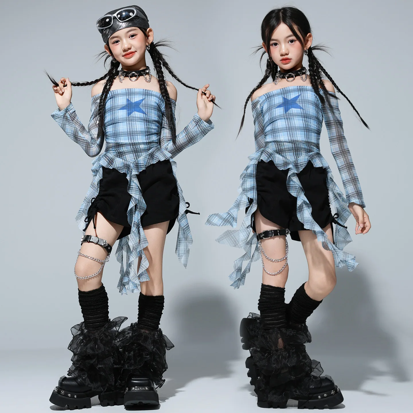 

Уличная одежда в стиле хип-хоп для девочек, синий/желтый укороченный топ нестандартной формы, шорты для уличных танцев, комплект групповой одежды для девочек, детский костюм для джазовых танцев