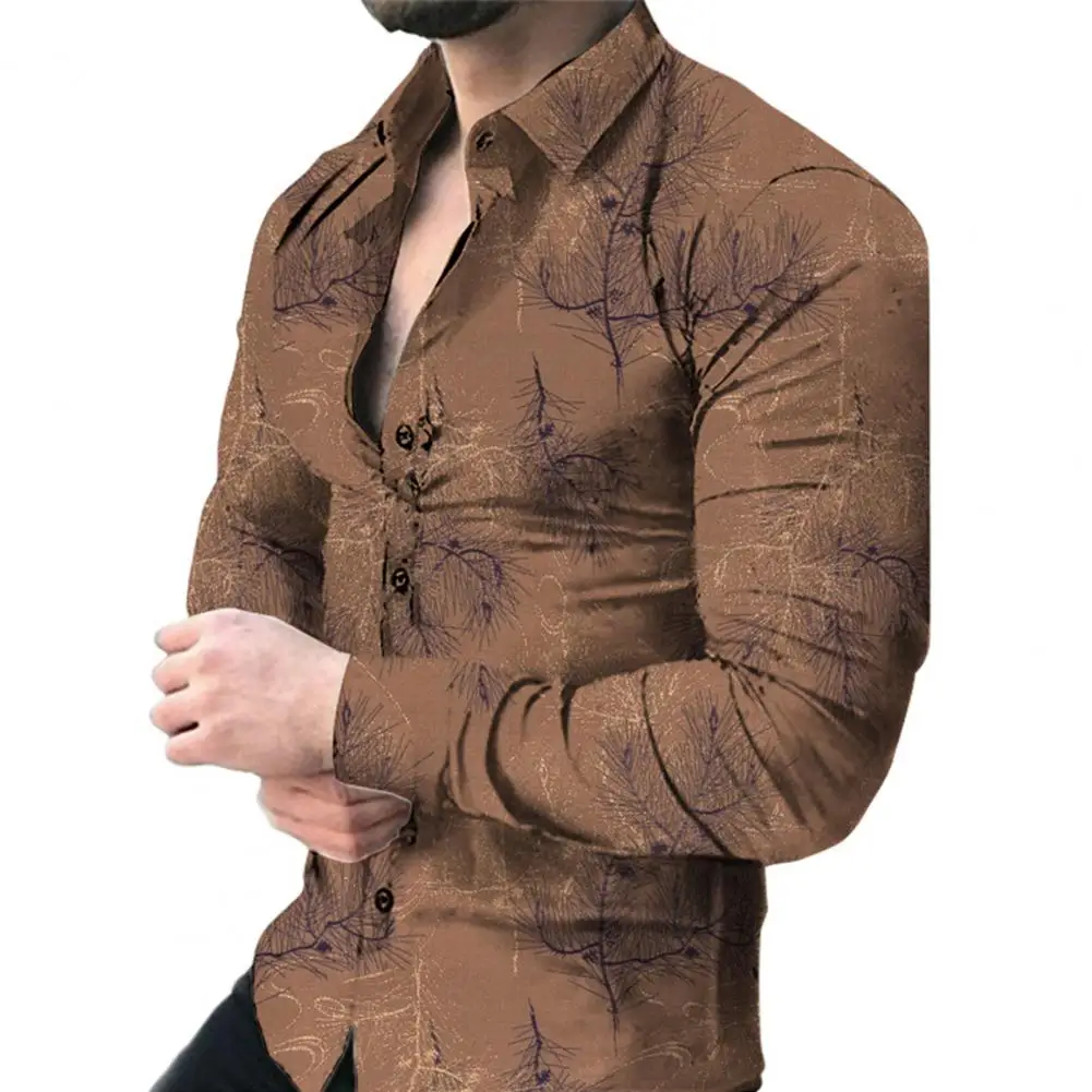 Men Shirt Cardigan Slim Buttons Lightweight Printing Soft Turn-down Collar Leaf Print Single-breasted Fall Tops Daily Clothes