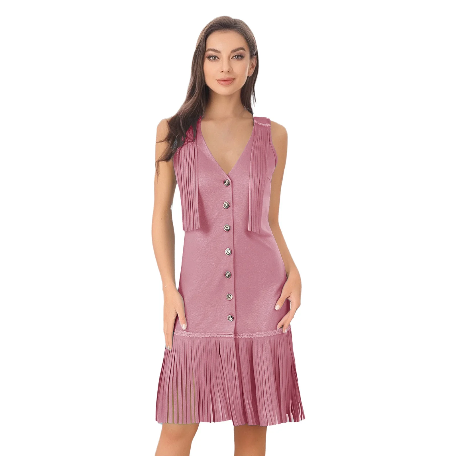 

Women Party Retro Cowgirl Hippie Stylish Tassel Dress Sleeveless Fringe Trim Slim-fit Mini Dress for Halloween Carnival Outfits