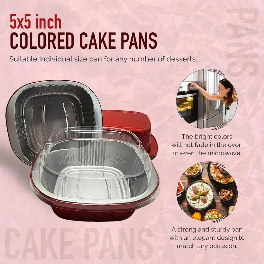 Bandeja para hornear antiadherente de papel de aluminio de colores pesados desechable con tapas, moldes cuadrados para pasteles o entree de 5x5, perfecta para catering y Ev