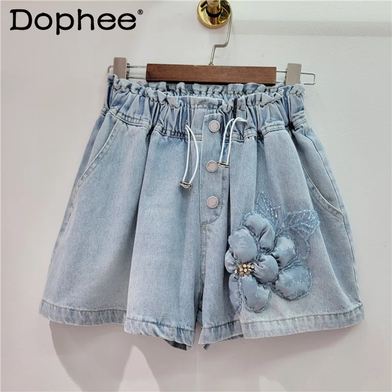 

2024 Summer New Heavy Industry Beads Blue 3D Flower Denim Shorts Female Drawstring Elastic Waist Wide Leg Shorts for Women