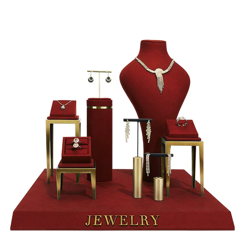 

Jewelry display stand wine red jewelry props high-end metal necklace ring window jewelry display stand set