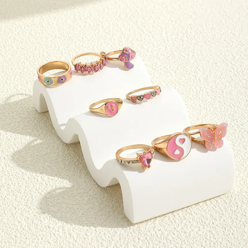 New Colorful Enamel Butterfly Kunckle Rings Set For Women Geometric Crystal Heart Mushroom Finger Ring Girls Bohemian Jewelry