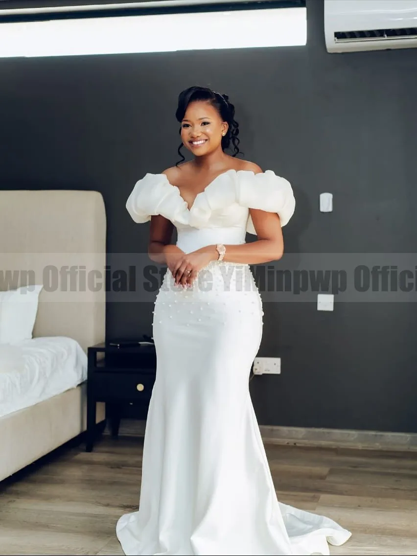 African Modern Mermaid Wedding Dresses with Removable Skirt Off Shoulder Lace up Pearls Garden Country Bridal Gowns Customized