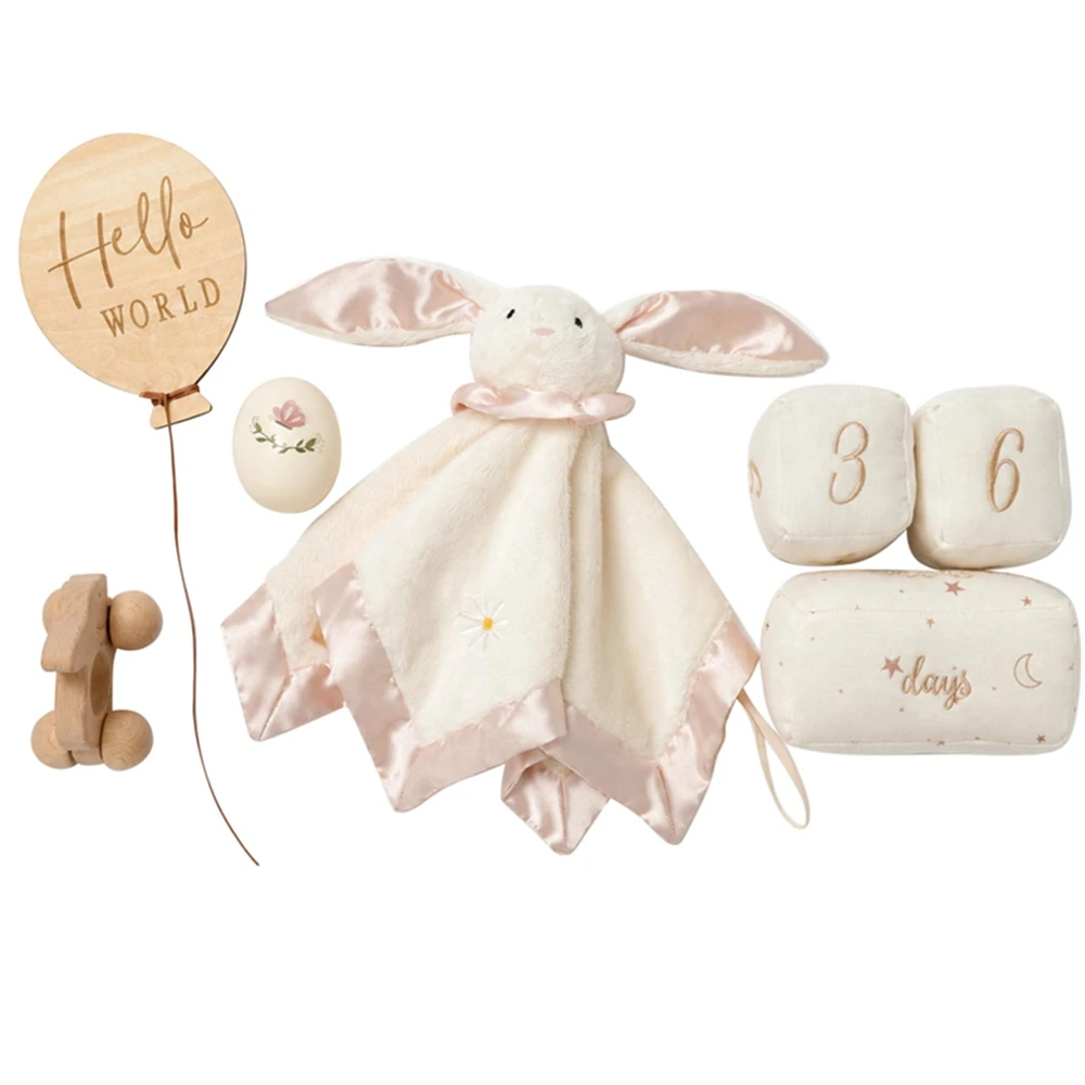 Newborn Baby Gift Set Early Educational Toys Bunny Plush Rattle Hello World Days Tracker 0-12M Sensory Soothing Comforter Set