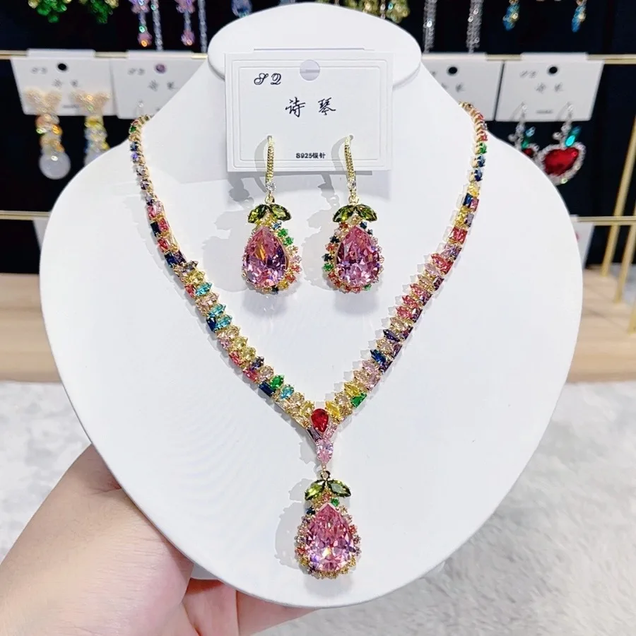 Women Fashion Trend Zircon Luxury Necklace Earrings Blue Drop Set 2025