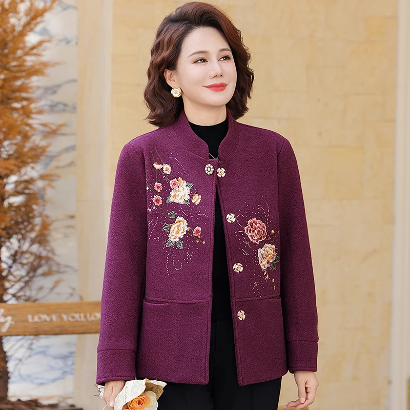 

Новое китайское шерстяное пальто для женщин старше 50 лет, осеннее, модное, свободного кроя, с вышивкой, на одной пуговице, с круглым вырезом горловины