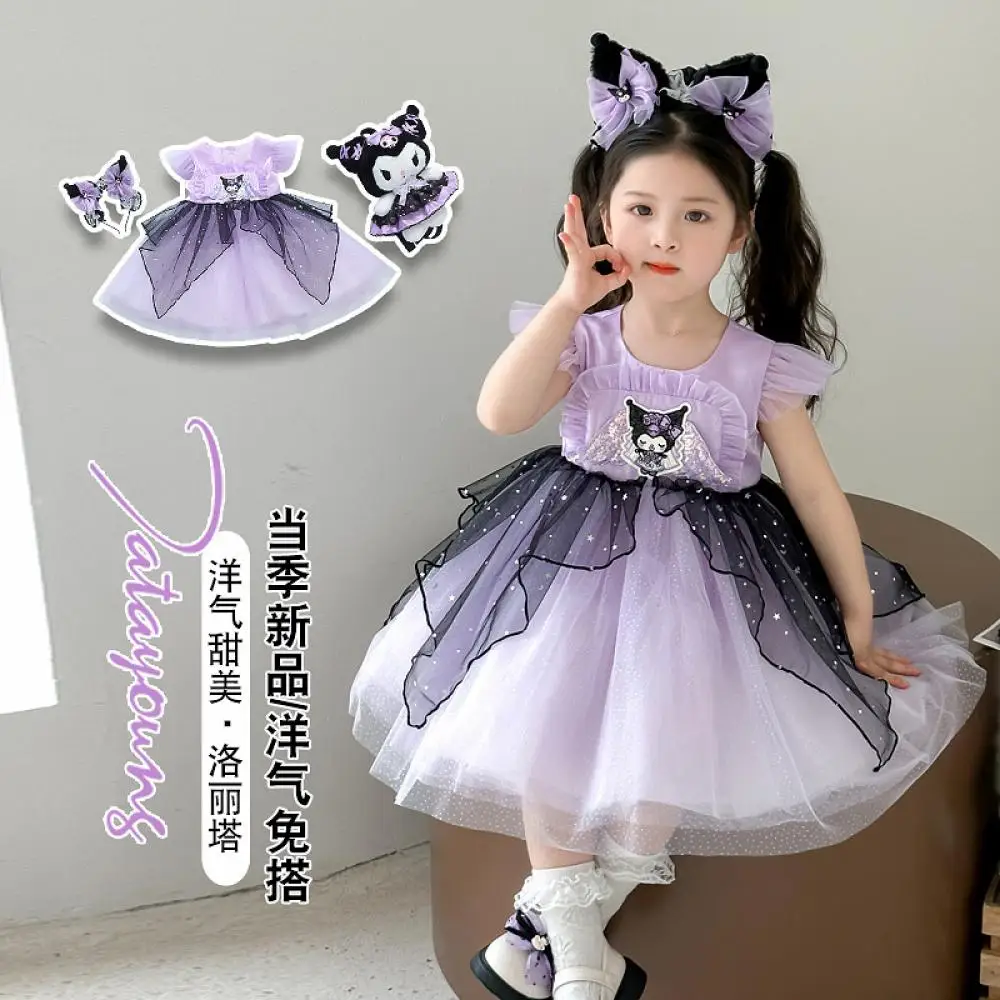 

Новое платье Sanrio Kuromi для маленьких девочек, сетчатая юбка принцессы, летняя одежда без рукавов, нарядные платья для свадебной вечеринки для девочек, летние