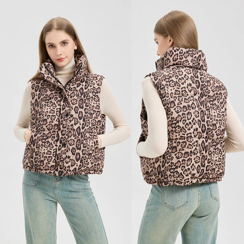 European American Style Leopard Print Vest Cotton Padded Jackets Autumn Winter Women's Sleeveless Stand Collar Down Waistcoat