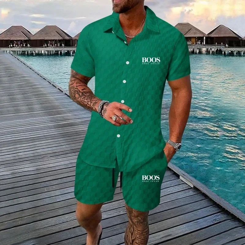 

New Embroidered 100% Polyester Men's Fashionable Beach Short Sleeved Set Cardigan Solid Color Checkered Casual Beach Set