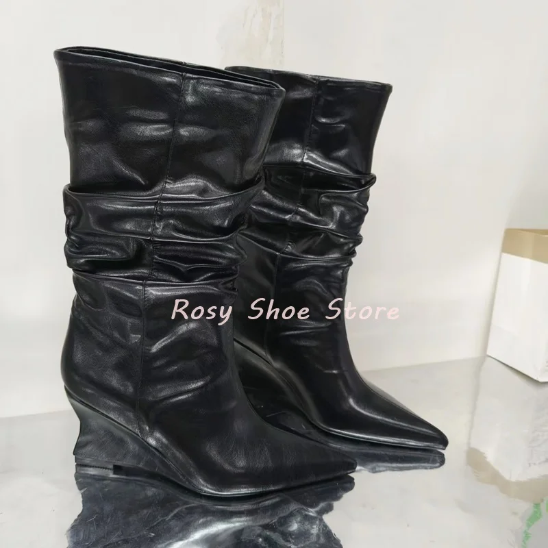 بورجوندي الجلود مترهل الأحذية مثير أشار تو الانزلاق على إسفين كعب حذاء من الجلد الشتاء أنيق الشارع نمط سيدة ناضجة الأحذية