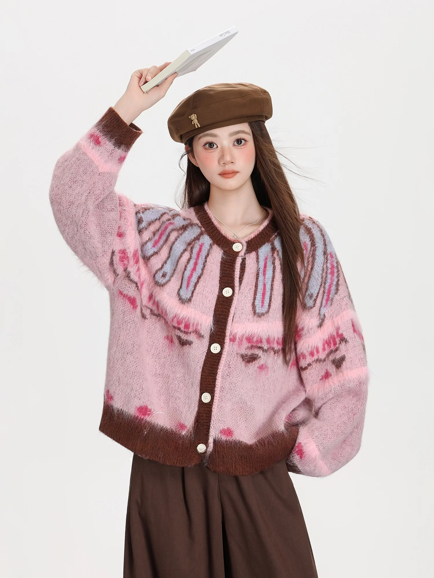 

Ретро-розовый вязаный кардиган Fair Isle для женщин, новинка весенней коллекции, мягкий свободный крой, длинный рукав