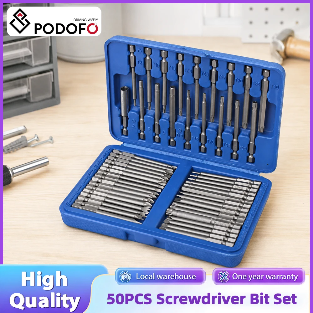 Podofo 50-teiliges Extra Langes Bit-Set 75mm Sicherheits-Schraubendreher-Bits Torx Stern Sechskant Philips Vierkant Schraubendreher-Bit