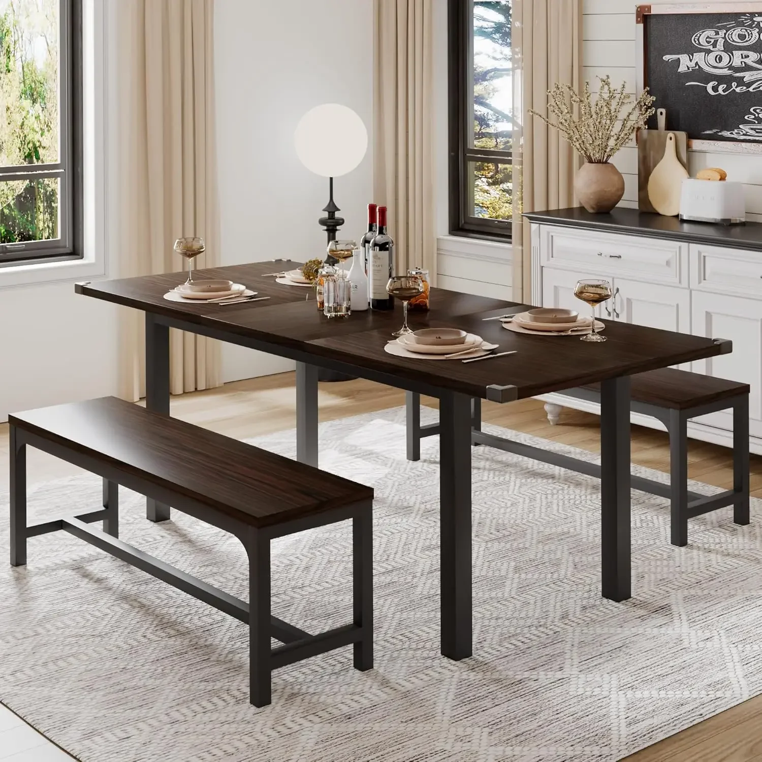 

3 Pcs 63" Dining Table for 4-6, Extendable Dining Room Table with 2 Benches, Mid Century-Modern Kitchen Table Set