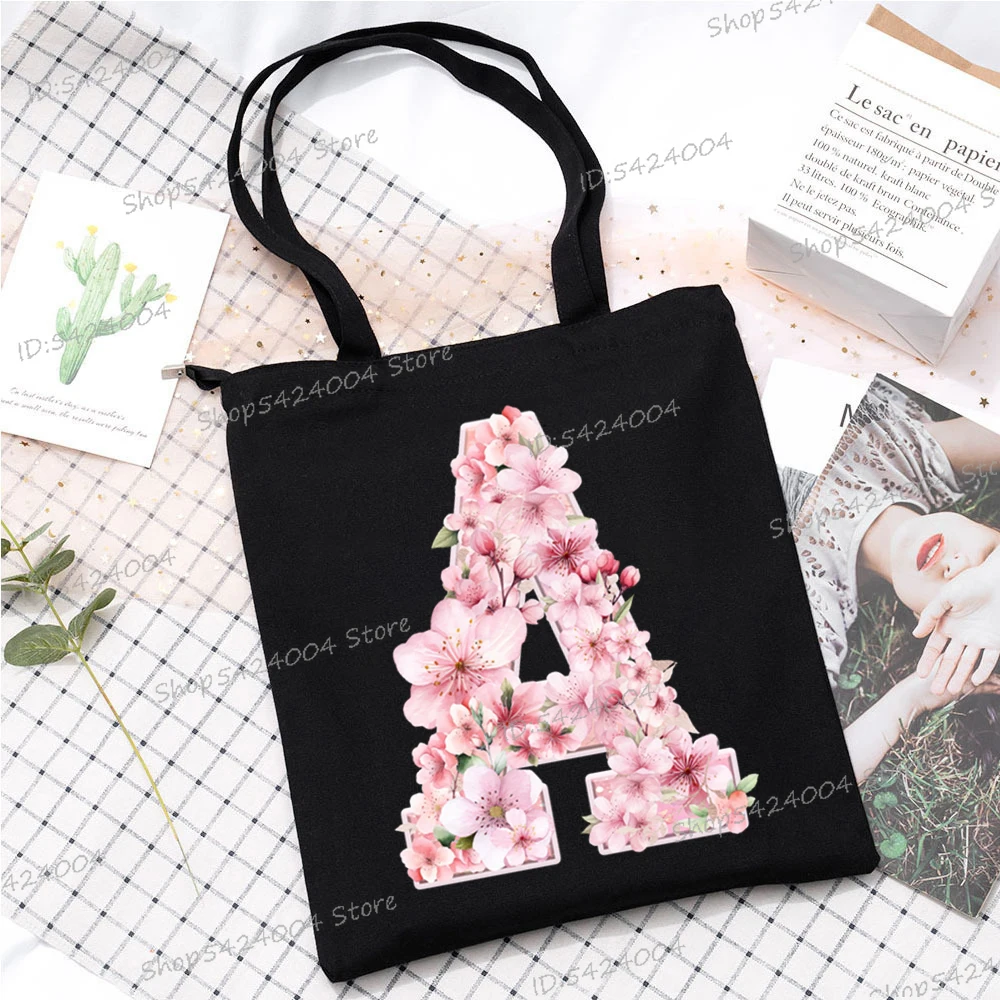 Pink Sakura Alphabet A-Z Pattern Women Tote Bags Sakura Lover Gift Premium Storage Handbag Cherry Blossom Initials Flower Bags