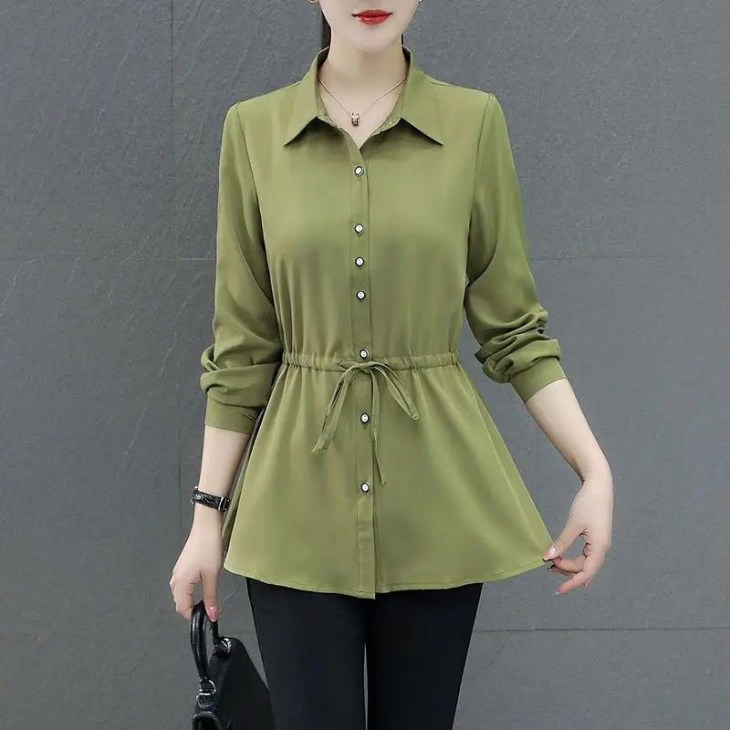 Elegant Fashion Lace Up Button Up Shirt Women Spring Autumn Casual Solid Slim Long Sleeve Tunic Ladies Tops Blouses Clothes 2023