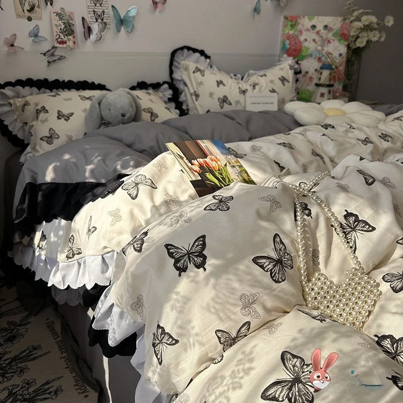 

Черный кружевной комплект постельного белья (не хлопковый) в стиле Ins, винтажный корейский дизайн, четыре предмета, зимний сезон, трехслойный