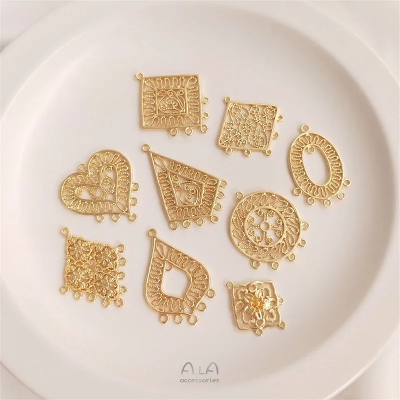 Color-retaining 14K Gold-wrapped Hollow Lace Geometric Heart-shaped Rhombus Multi-ring DIY Fringed Earrings Jewelry Accessories