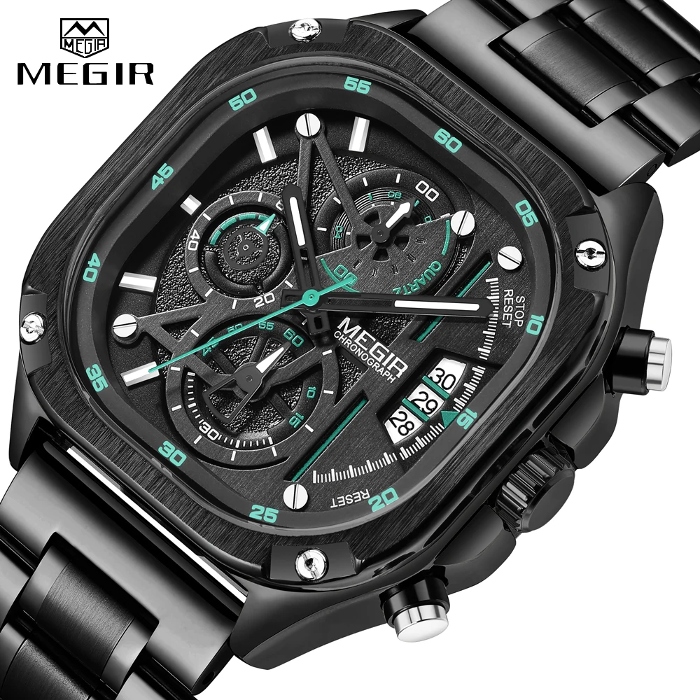 

MEGIR Square Dial Chronograph Quartz Watches for Men Fashion Sports Male Wristwatch Stainless Steel Strap with Luminous Hands