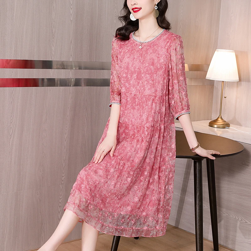 Pink Embroidery Floral Silk Sheer Sensual Sexy Dress for Women Summer Elegant Luxury Party Vestidos 2024 Korean Vintage Dresses