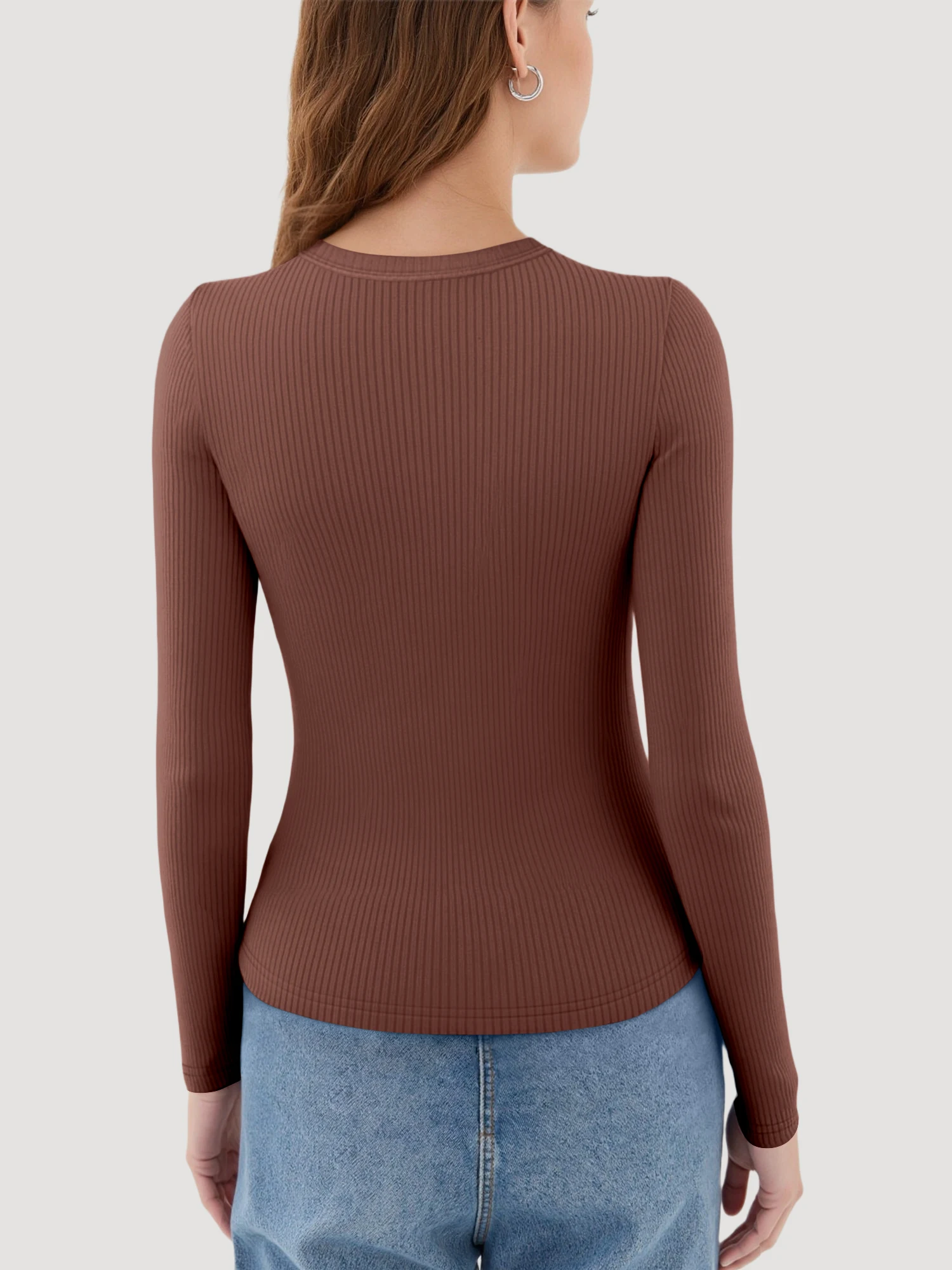 Smart Casual Ribbed Cropped Long Sleeve Shirt, Round Neck Slim Top for Office Daily Wear & Café Gatherings view 4