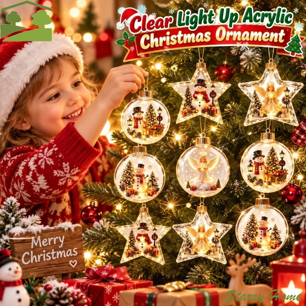 Transparent Led Christmas Bauble Lightweight 2D Flat Pattern Light Up Ornament Compact Shatterproof Clear Star Pendant