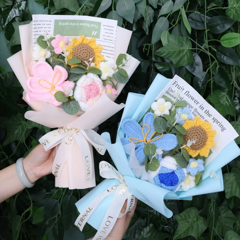 Rose Sunflowers Tulip Artificial Flowers Crochet Finished Knitted Bouquets Valentine Mothers' Day Birthday Graduation Gift