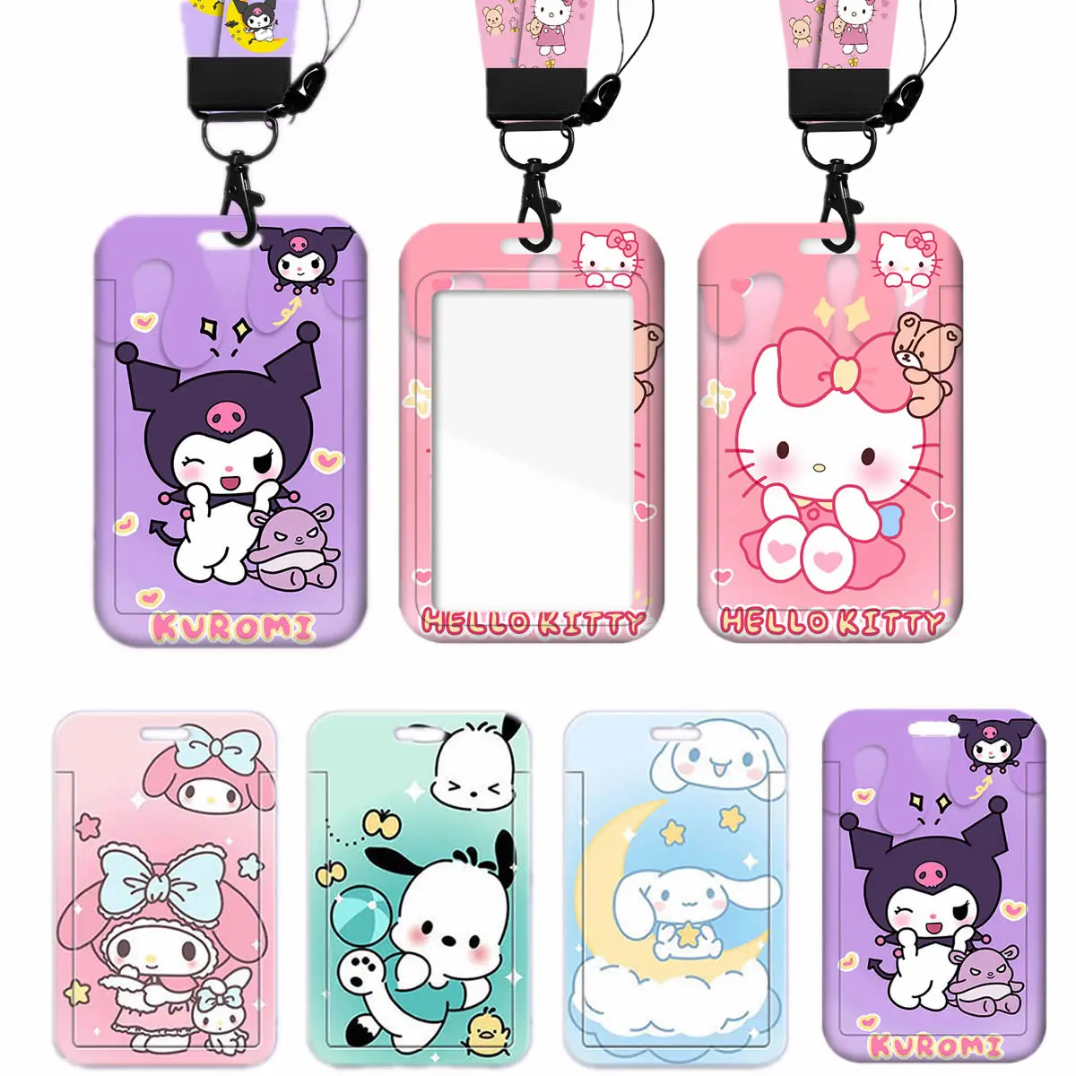 Funda de tarjeta con cordón de dibujos animados Sanrio, funda de tarjeta de identificación kawaii Hello Kitty Kuromi My Melody, autobús y acceso al