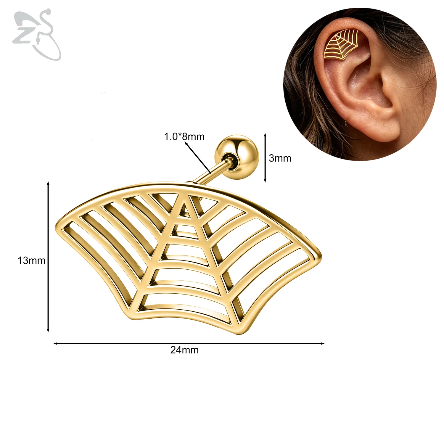ZS 1PC 18G Zilver Kleur Rvs Stud Oorbellen voor Vrouwen Spinnenweb Vorm Kraakbeen Oorbellen Helix Piercing Lichaam sieraden