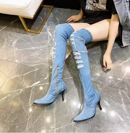 New Girls Light Dark Blue Jeans Denim Pointed Toe Slim Small Holes 9 CM Thin Heels Over The Knee Boots Women Stretch Long Boots