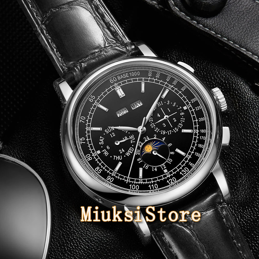 42mm Watch Custom LOGO Mens Watch Mechanical White Dial 316L Case Moon Phase Calendar WatcMultifunction Leather Strap Automatic