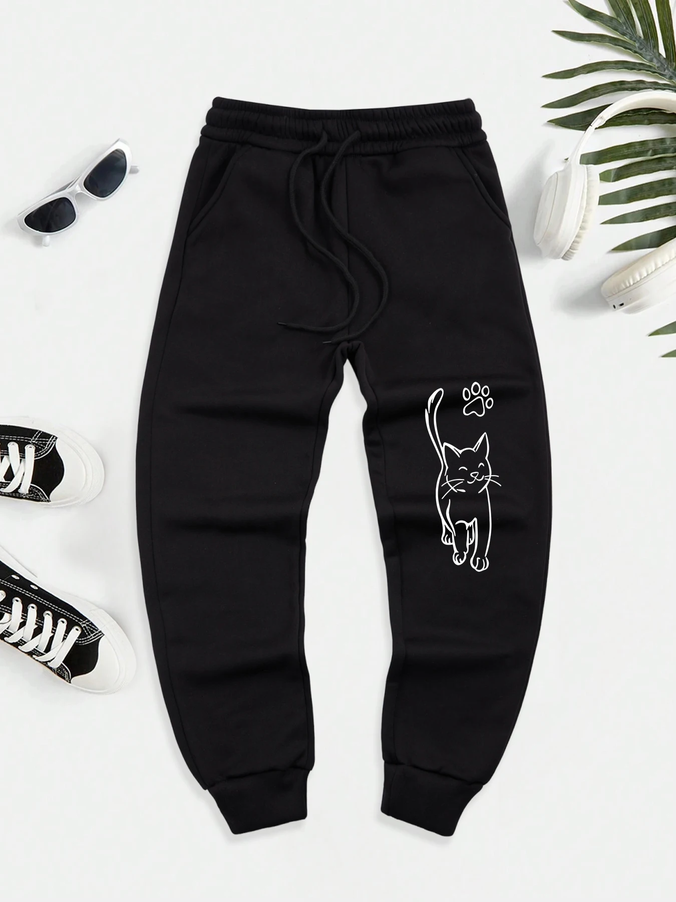 

Happy Cat And Claw Shape Prints Pocket Elastic Waist Men'S Pants Fleece Loose Long Pant Fashion Casual Male Sports Sweatpants