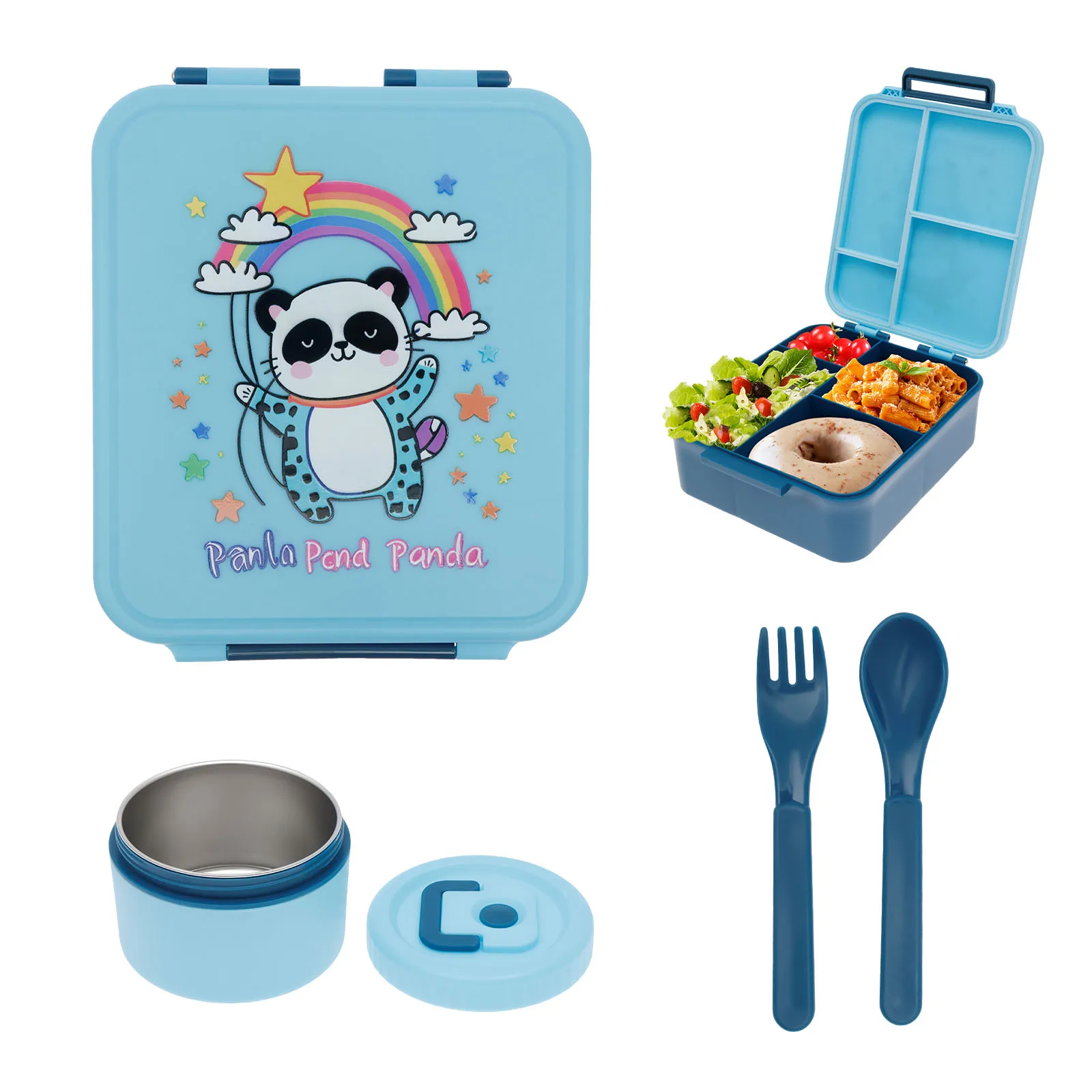 صندوق غداء مكون من أربع حجرات من الفولاذ المقاوم للصدأ، صندوق غداء خارجي مع سكين وعاء الحساء وشوكة مناسبة للأطفال والطلاب