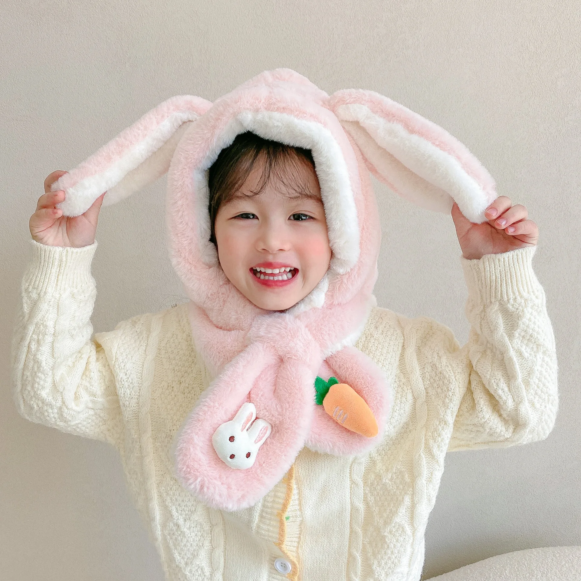 Fashion New Rabbit Ears Children's Hat Scarf Integrated Two-piece Set Girls Winter Thickened Warm Plush Ear Hat Scarf