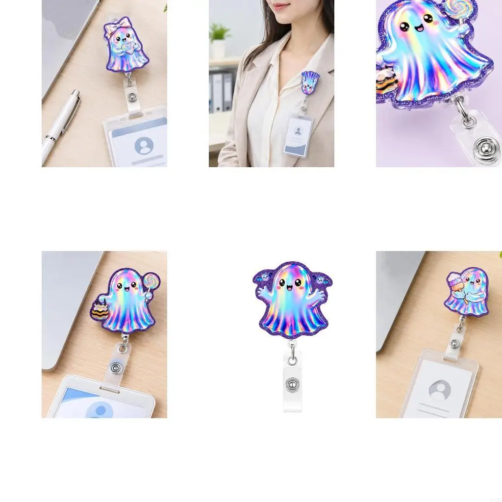 Retractable Badge Card Tether with Retractable Cord, Clear Strap and Playful Reflective Halloween Character Face for F19E