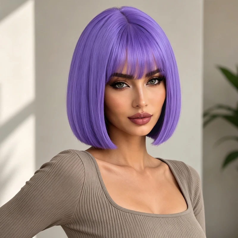 Light purple 12-inch wig with bangs, suitable for cosplay parties, smooth and easy to manage, unisex.