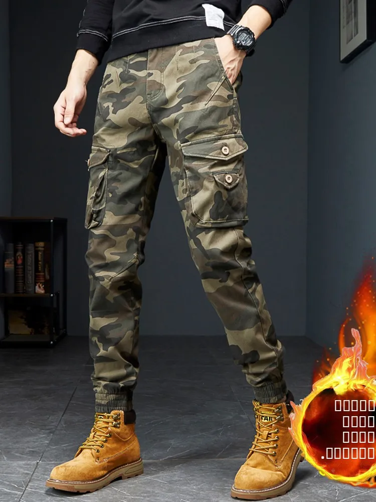 

Мужские рабочие брюки Thiened на осень-зиму, утепленные, с множеством карманов, из чистого хлопка, с манжетами, облегающие, камуфляжные, длинные...