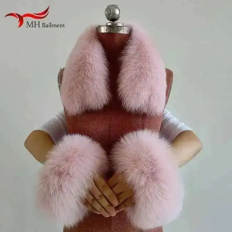 2023 Nuova Pelliccia di Volpe Colletti Quadrati Polsini di Pelliccia Reale Set Donne di Inverno di Spessore Caldo Sciarpe di Moda Polsino Partita