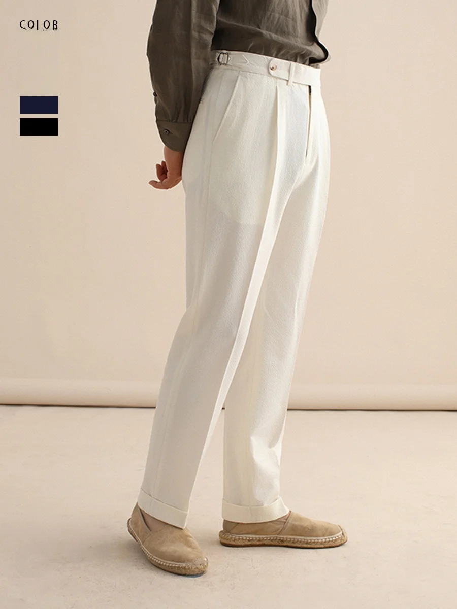 

Cultum Men's Bubble irt Pants Thin Straight Loose Summer Casual Breathable Long Trousers Busin Casual Pure Color