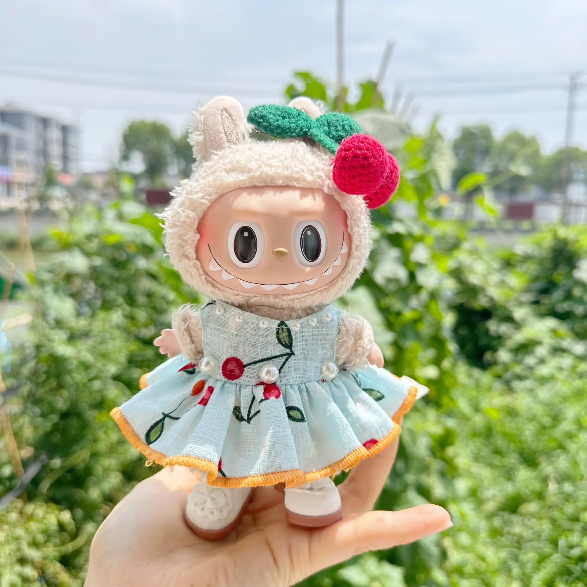 Only Clothes 17cm Cute Mini Plush Doll's Clothes Outfit Accessories For Labubu Dolls Clothing Kids Gift Cherry Skirt Set