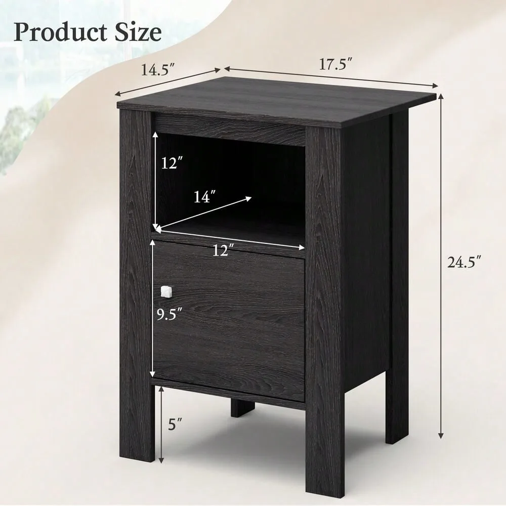 Nightstand Compact Side End Sofa Table w/ Open Shelf & Cabinet Dark Grey Oak