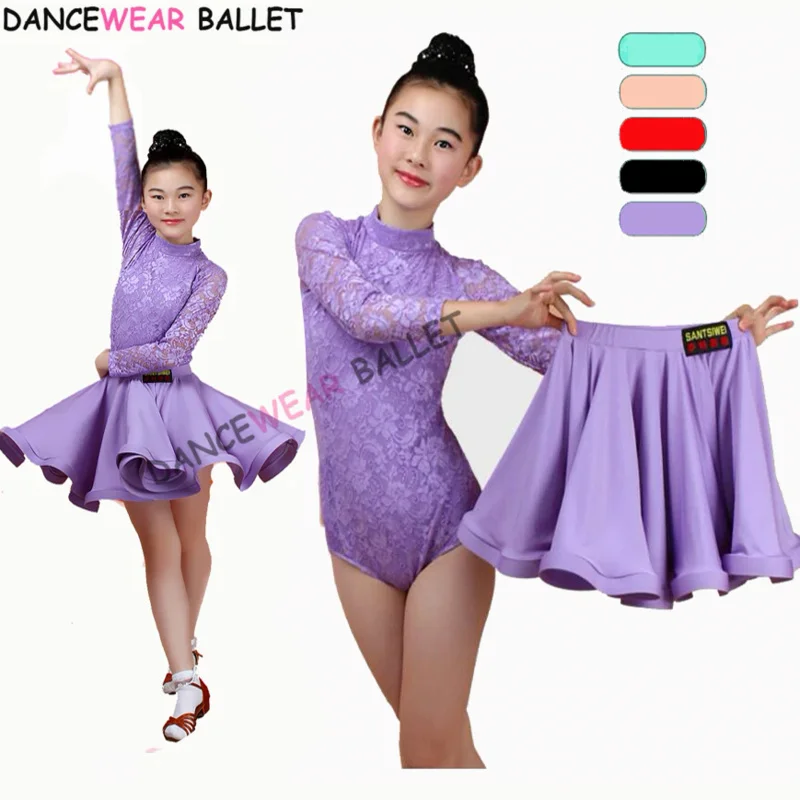 

New Girls latin dance skirt Ballroom Salsa Tango Skirts Kid Child Lace Split Dress With Leotard And