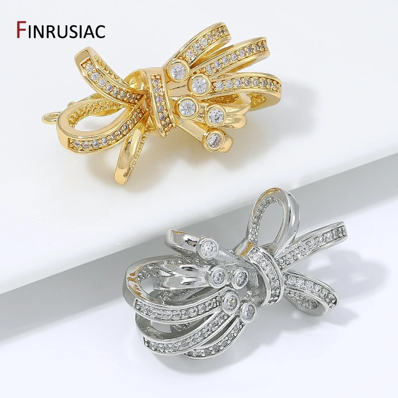 18K Gold Plated Brass Bow Shape Hinged Clasps,Zircon Pearl Connector Clasps For DIY Necklace Bracelet Making Supplies