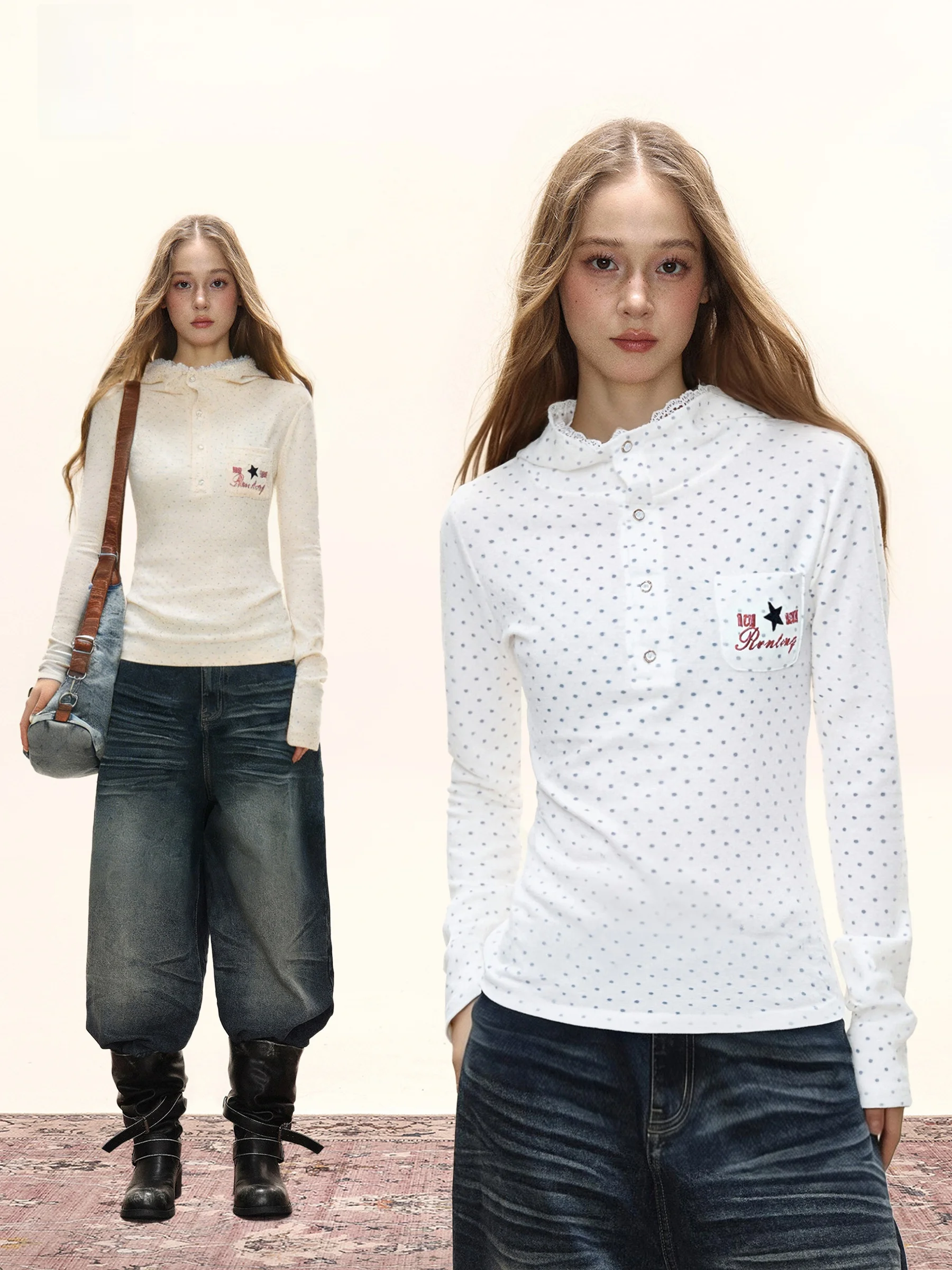 

Style American Polka Dot Long Sleeve T-Shirt Women Summer Slim Fit Embroidered Casual Wear Universal Size Henry Collar