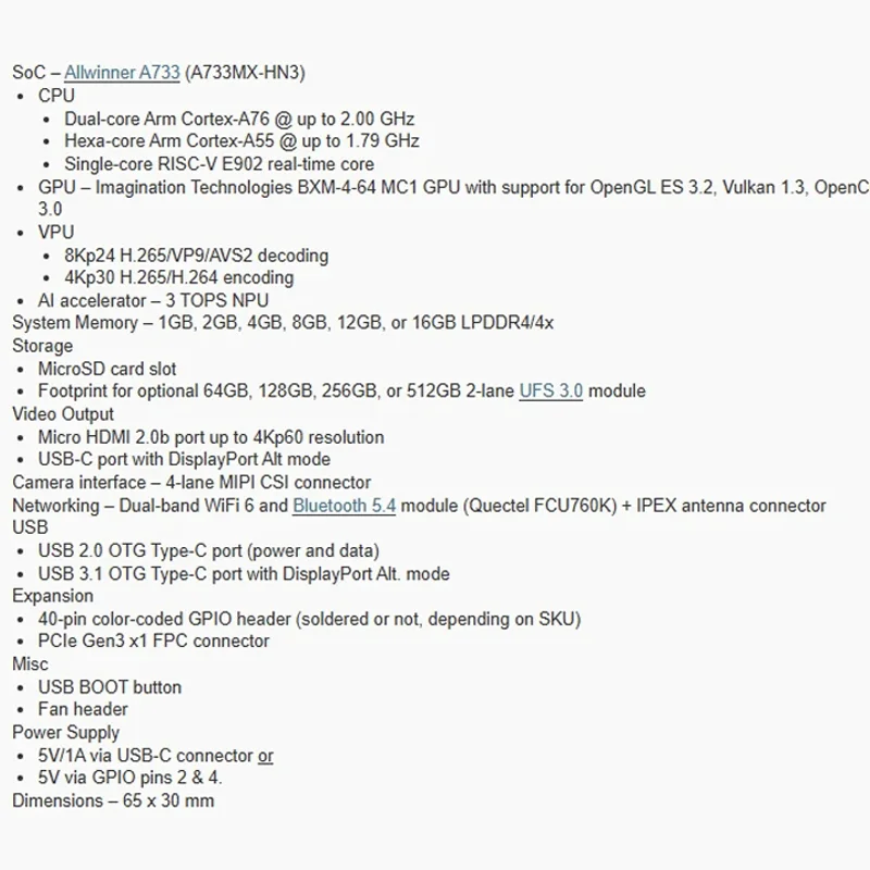 Radxa Cubie A7Z: 올위너 A73 옥타코어 SBC, 16GB RAM, WiFi 6, 파이 제로 크기