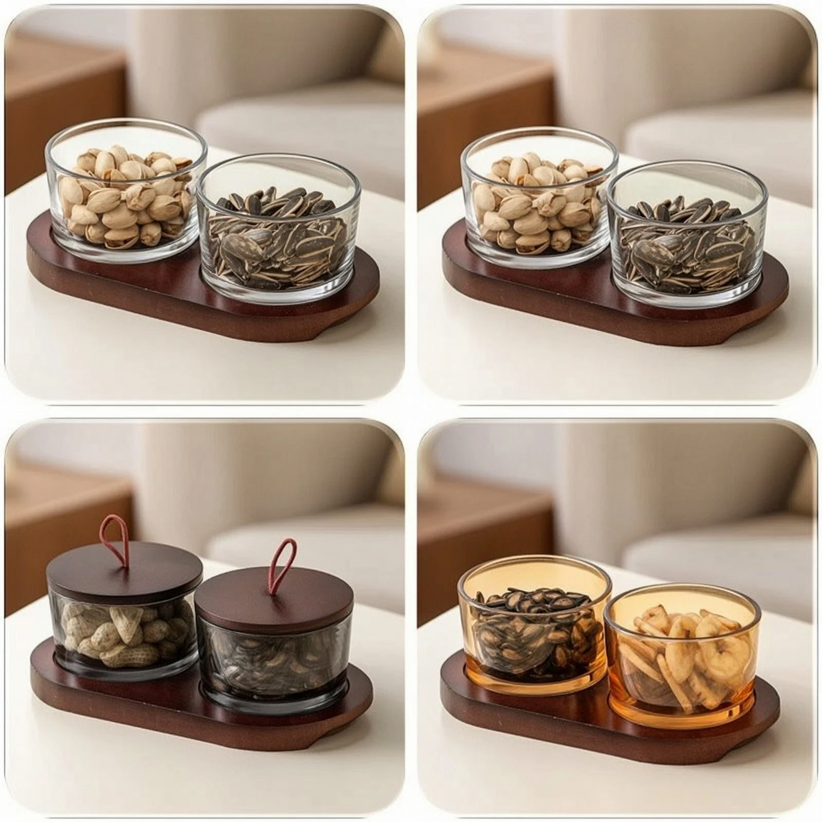Snack Server with Glass Bowls Tabletop Serving Dish with Wooden Tray Food Platter Elegant Bowl Compact for Hosts, Coffee Table
