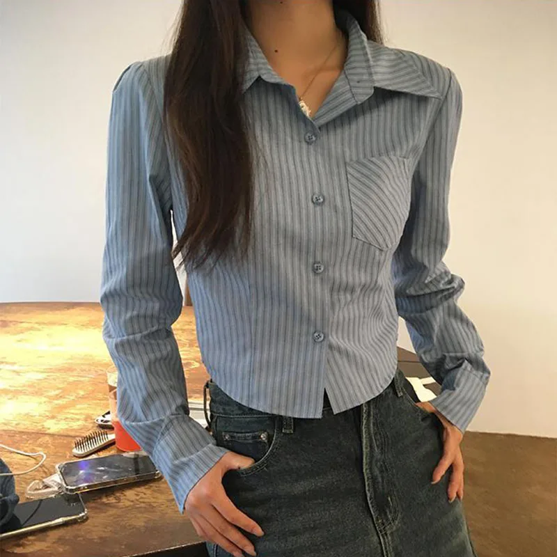 Preppy Style Striped Crop Shirt Women Vintage Blue Jk Long Sleeve Blouse Korean Fashion All Match Slim Fit Female Tops