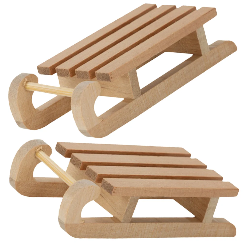 2 Pcs Wooden Sled Mini House Models Sleigh Ornament Accessories Miniature Birch